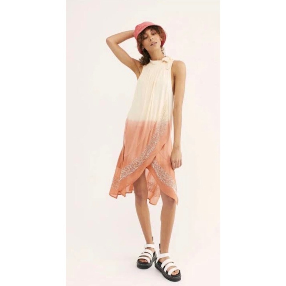 Free People Dance With Me Tunic Dress Women XS Orange Ombre Beaded Halter Boho